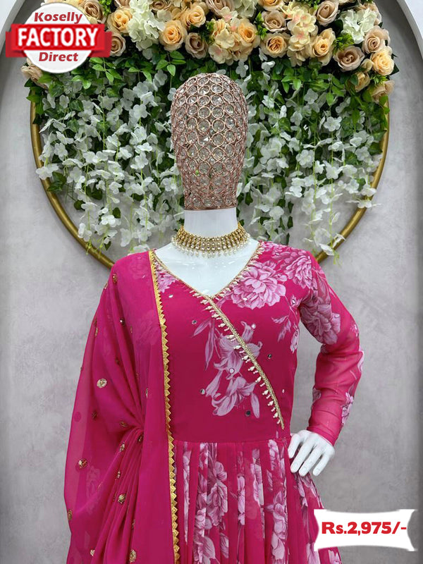 Pink Floral Georgette Gown Dupatta Set
