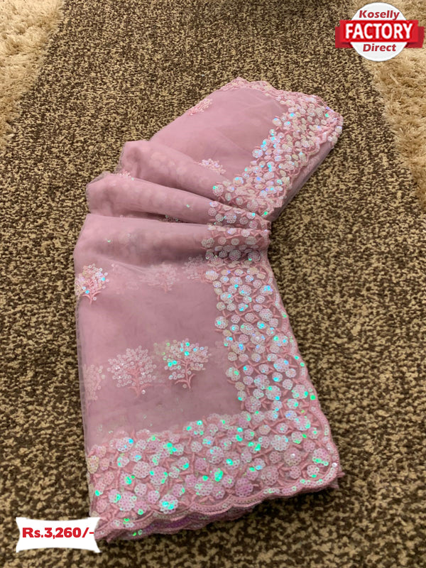 Baby Pink Sequins Embroidered Partywear Net Saree