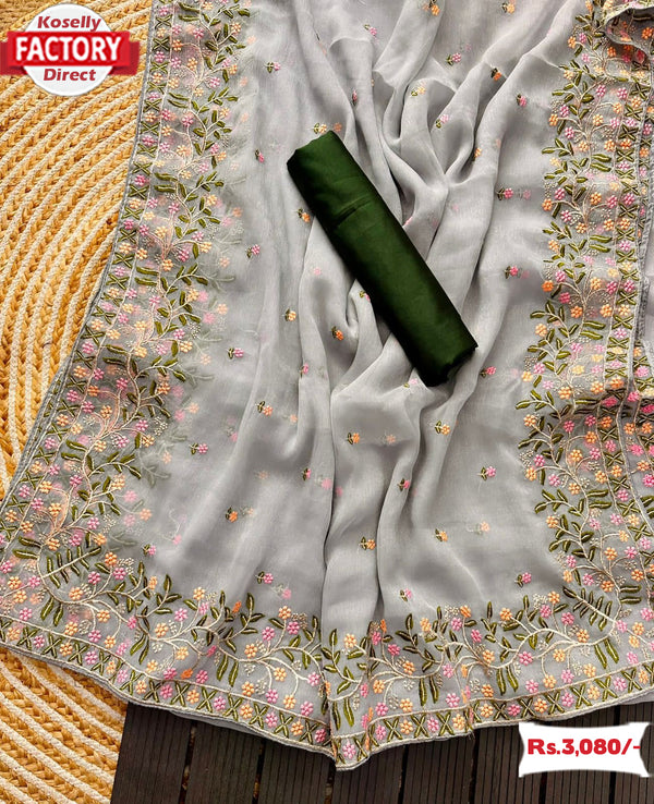 Ash Shimmer Partywear Embroidered Saree