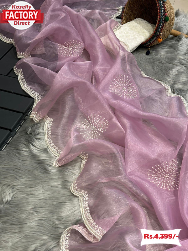 Baby Pink Pure Organza Hand Pearl Work Partywear Saree
