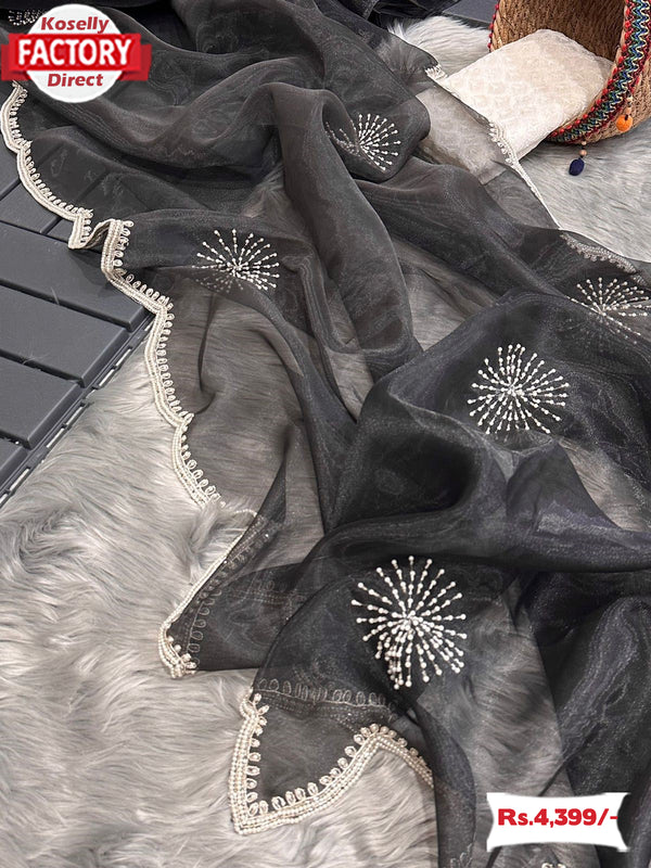 Black Pure Organza Hand Pearl Work Partywear Saree