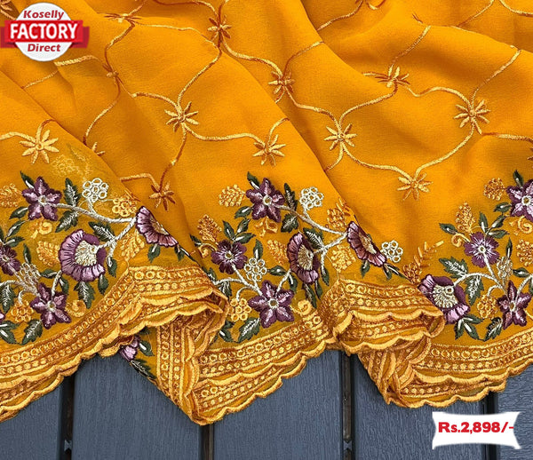 Yellow Pure Georgette Kashmiri Embroidery Saree