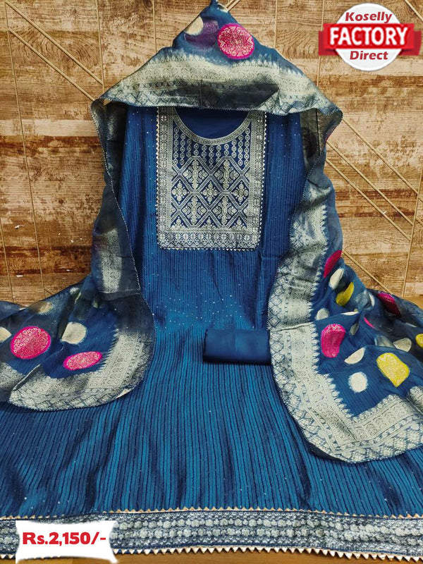 Royal Blue Chanderi Silk Embroidered Kurtha Suruwal Piece