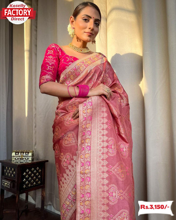 Pink Pure Dola Silk Saree With Banarasi Zari Weaving