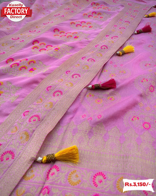 Pink Pure Dola Silk Saree With Banarasi Zari Weaving