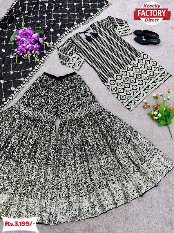 Black Partywear Georgette Sequins Kurtha Sharara