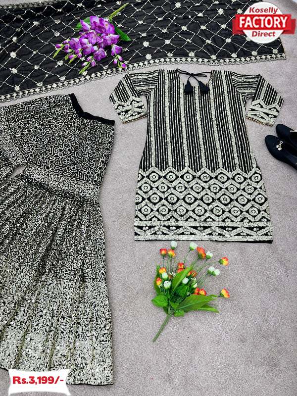 Black Partywear Georgette Sequins Kurtha Sharara