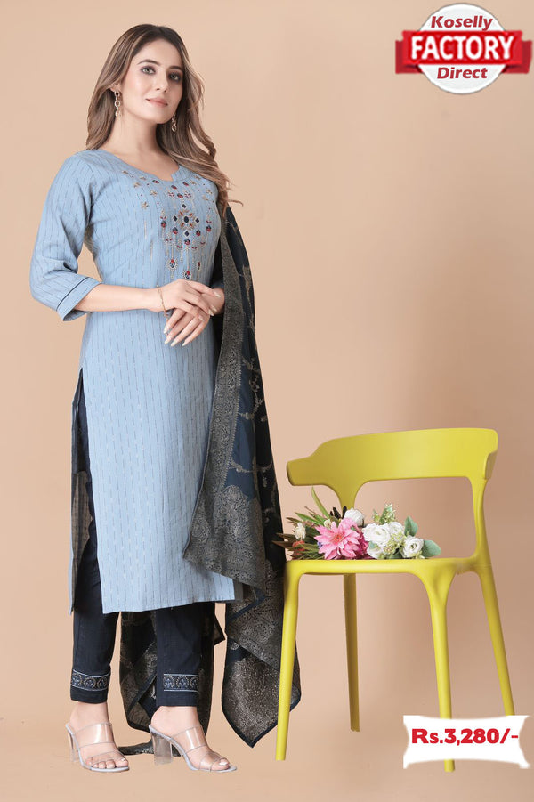 Ash Embroidered Kurtha Pant Dupatta Set