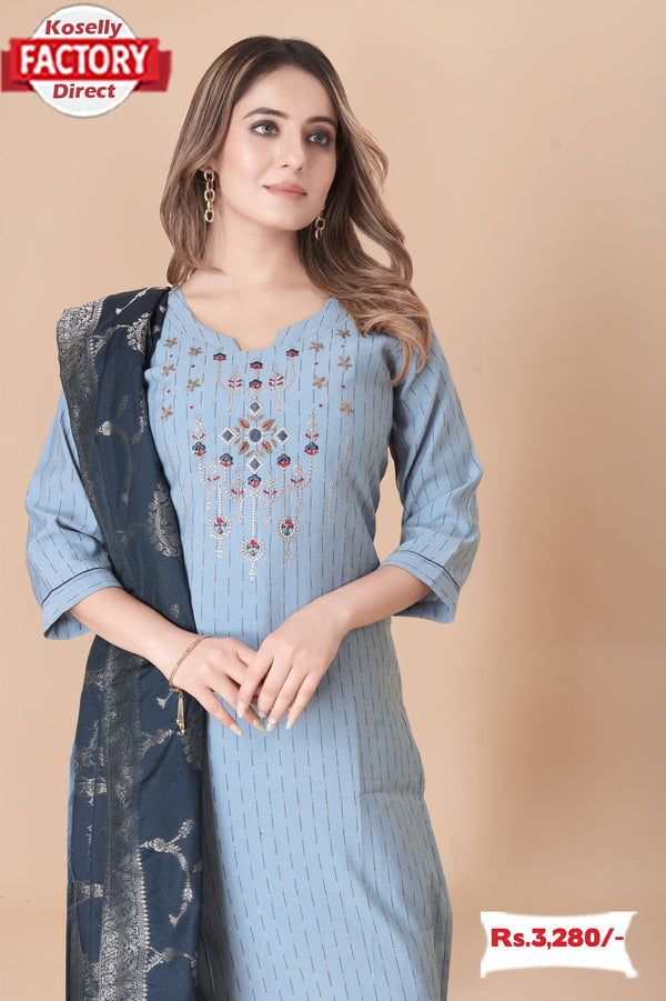 Ash Embroidered Kurtha Pant Dupatta Set