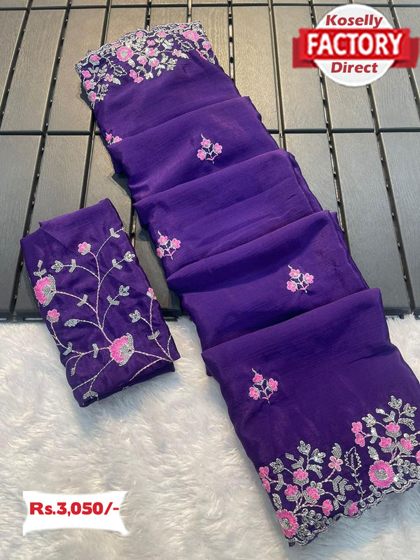 Purple Multi-embroidered Chinnon Crepe Silk Saree