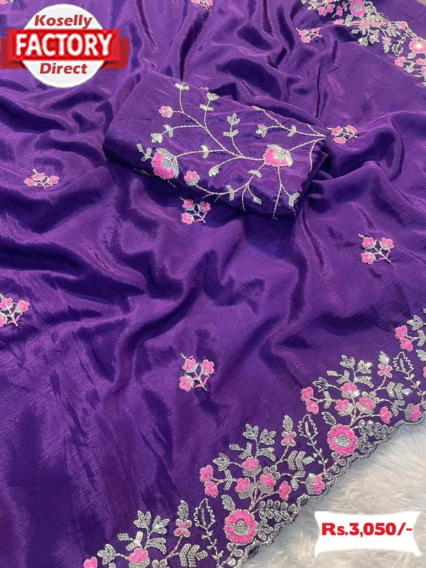 Purple Multi-embroidered Chinnon Crepe Silk Saree