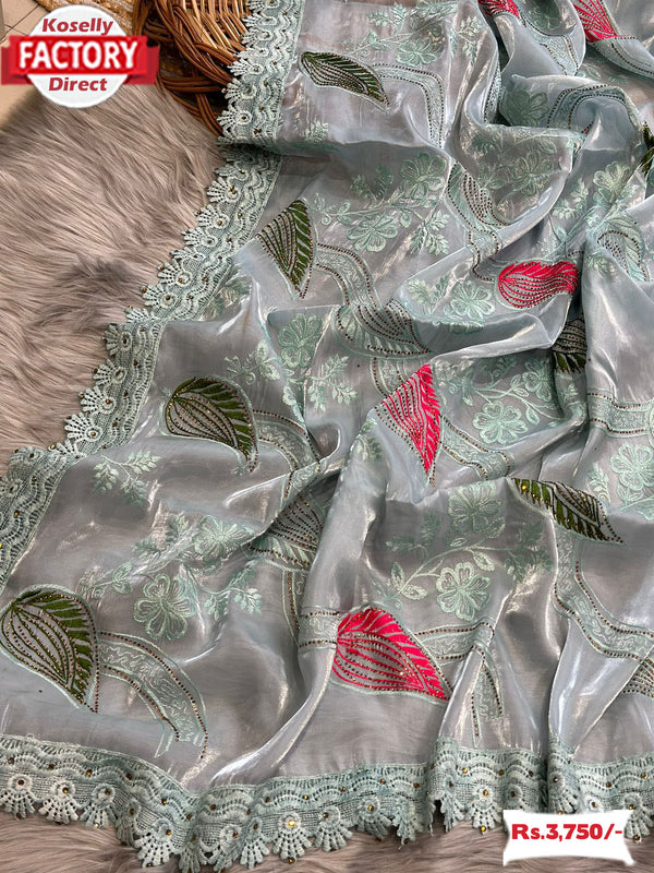 Baby Blue Jimmy Choo Viscose Embroidered Partywear Saree