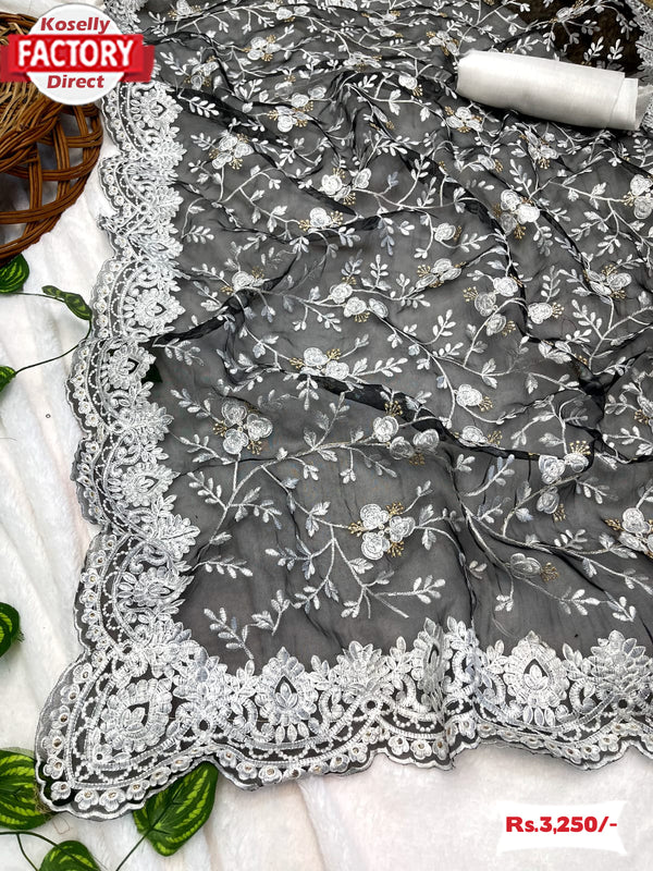 Black Pure Soft Organza Partywear Fancy Saree