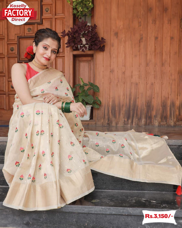 Beige Chanderi Viscose Multi-embroidery Partywear Saree