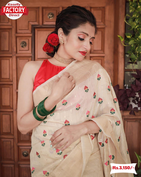 Beige Chanderi Viscose Multi-embroidery Partywear Saree