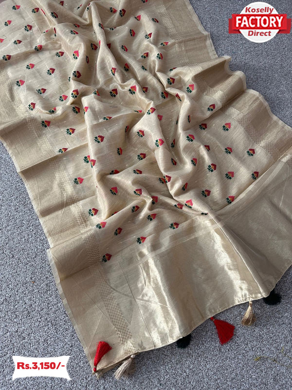 Beige Chanderi Viscose Multi-embroidery Partywear Saree