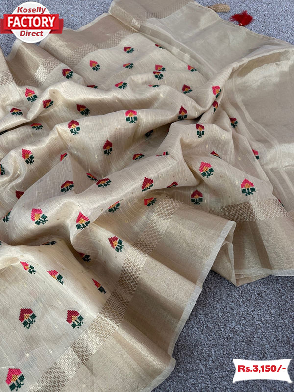 Beige Chanderi Viscose Multi-embroidery Partywear Saree