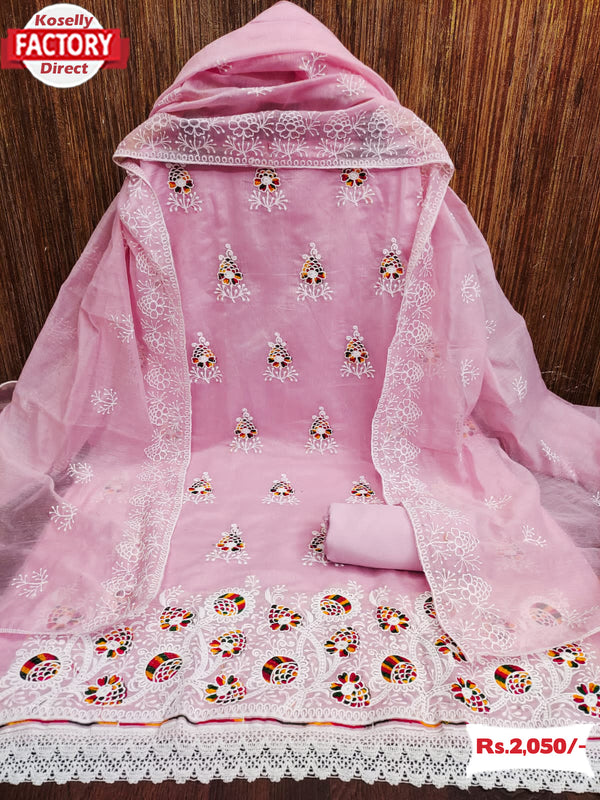 Pink Chanderi Multi-Embroidered Kurtha Suruwal Piece