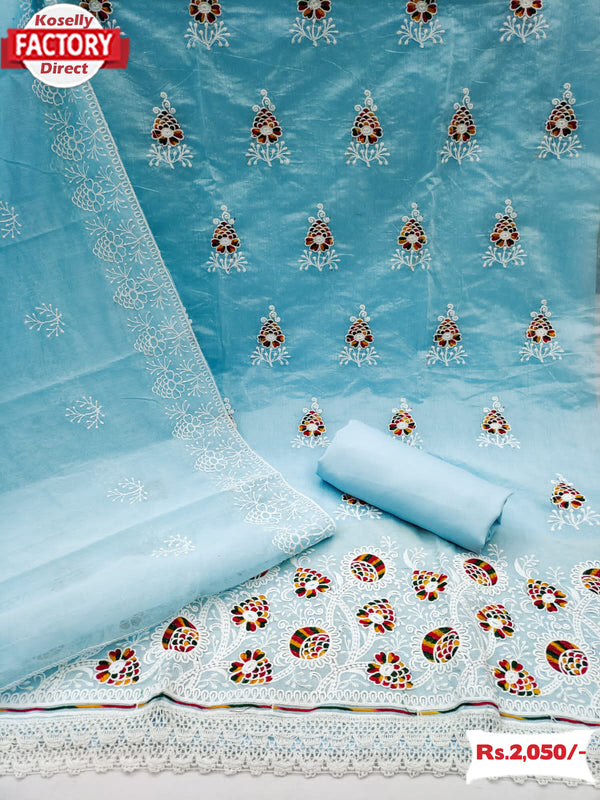 Sky Blue Chanderi Multi-Embroidered Kurtha Suruwal Piece