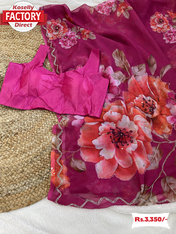 Pink Pure Georgette Silk Floral Handwork Partywear Saree