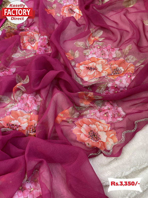 Pink Pure Georgette Silk Floral Handwork Partywear Saree
