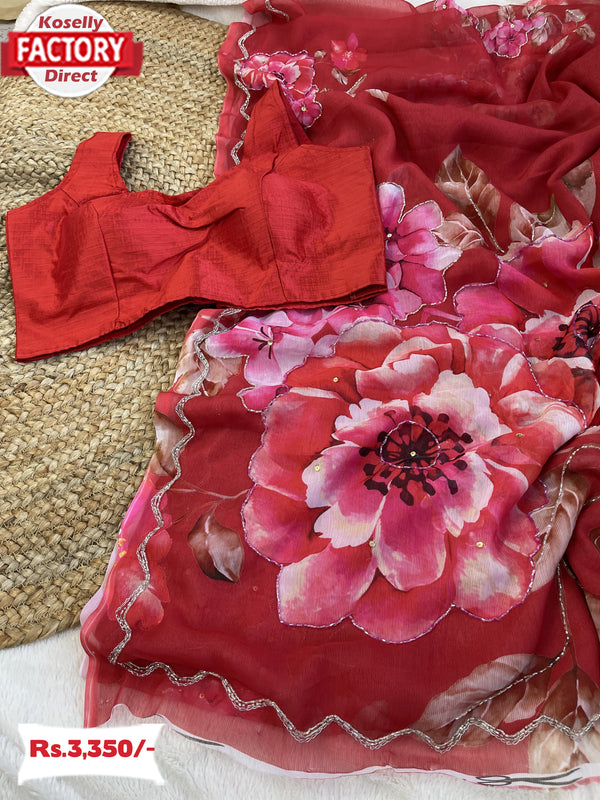 Red Pure Georgette Silk Floral Handwork Partywear Saree