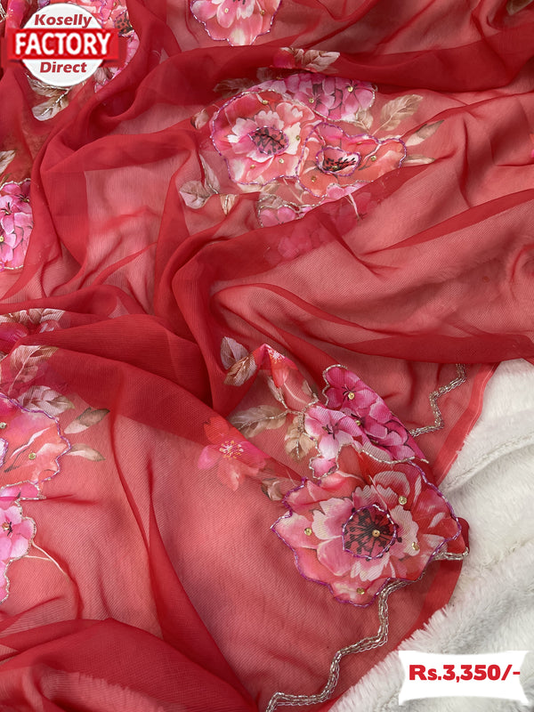 Red Pure Georgette Silk Floral Handwork Partywear Saree