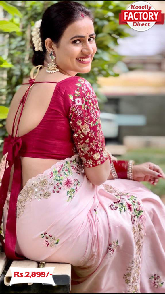 Baby Pink Dola Silk Multi-embroidery Partywear Saree