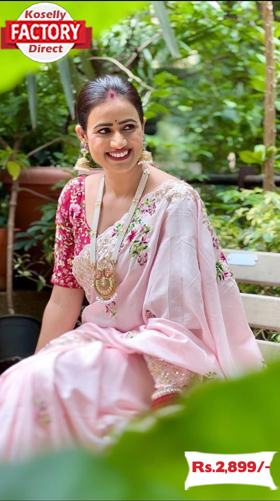 Baby Pink Dola Silk Multi-embroidery Partywear Saree