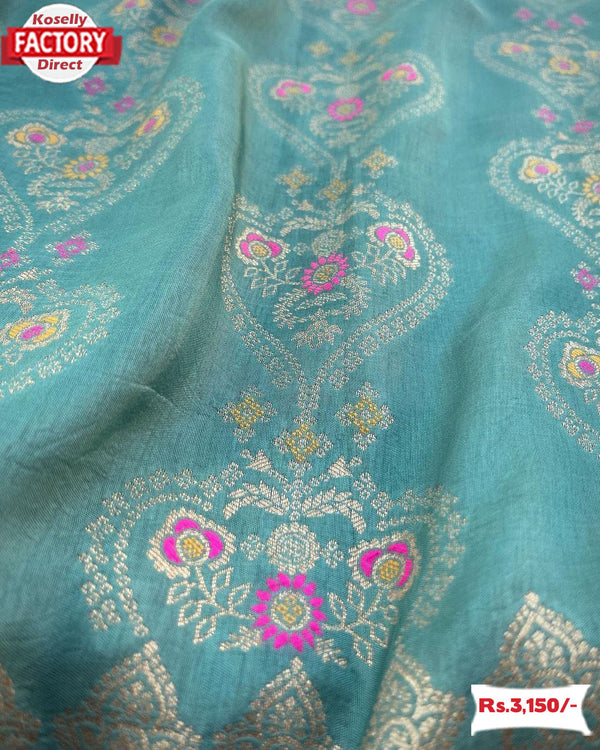 Sky Blue Pure Dola Silk Saree With Banarasi Zari Weaving