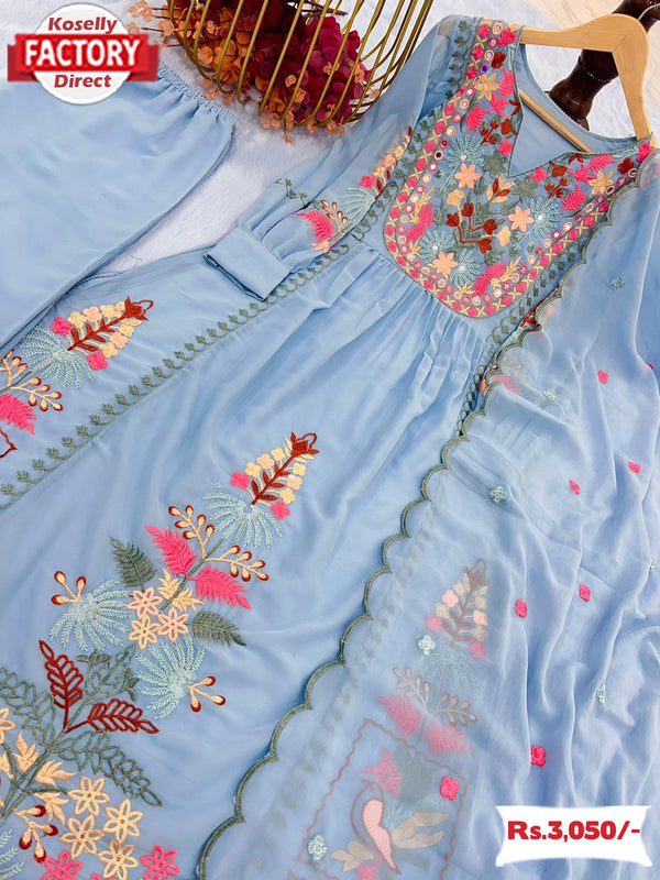 Light Blue Georgette Embroidered Kurtha Palazzo Dupatta Set