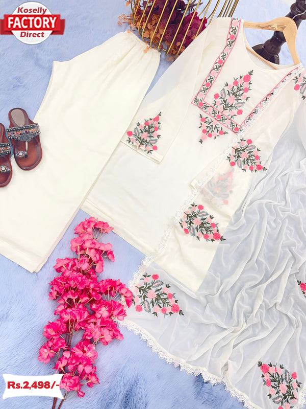 White Pakistani Kurtha Palazzo Dupatta Set