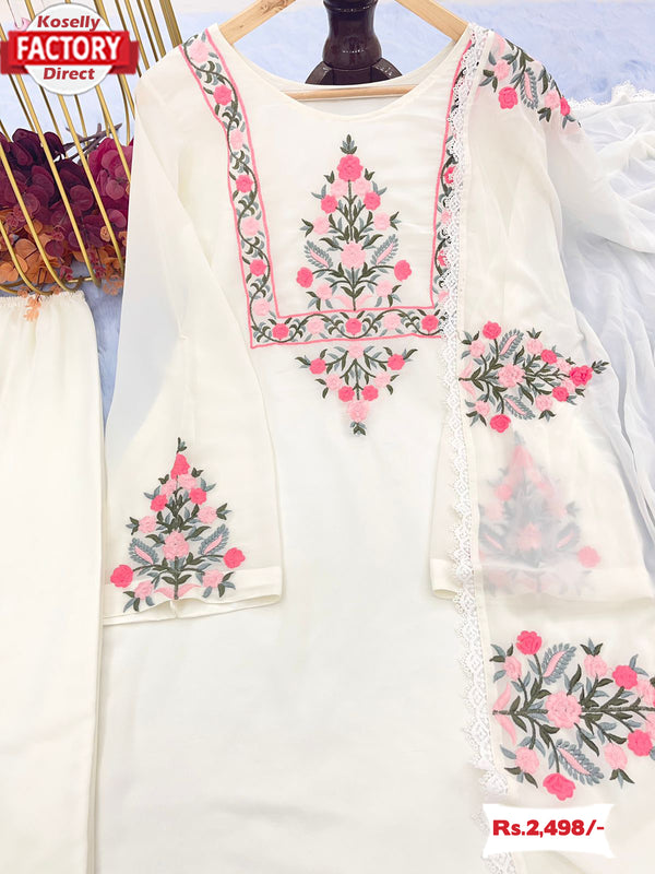 White Pakistani Kurtha Palazzo Dupatta Set