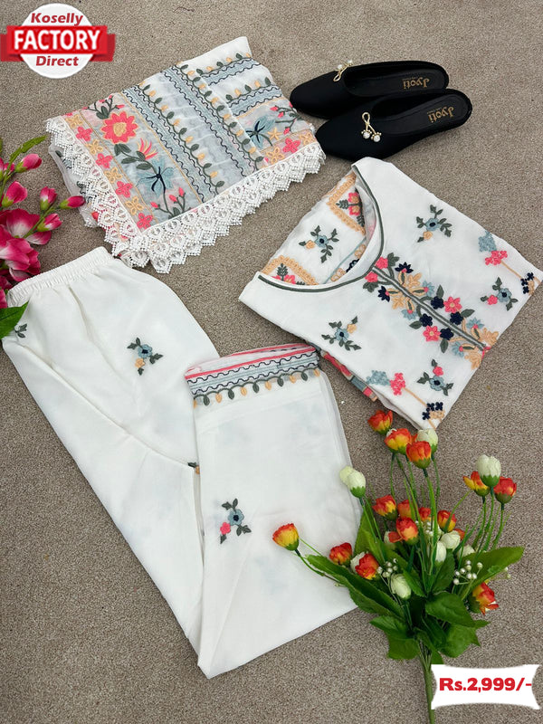White Pakistani Kurtha Palazzo Dupatta Set