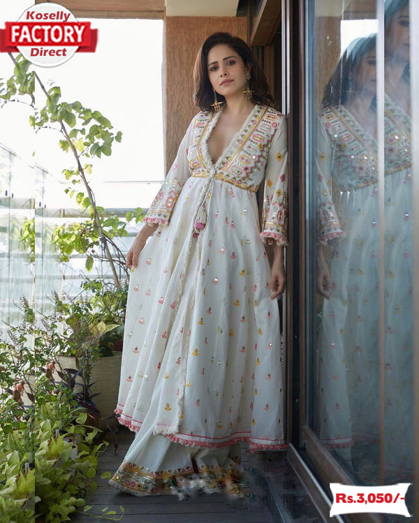 White Designer Partywear Kurthi Palazzo Dupatta Set