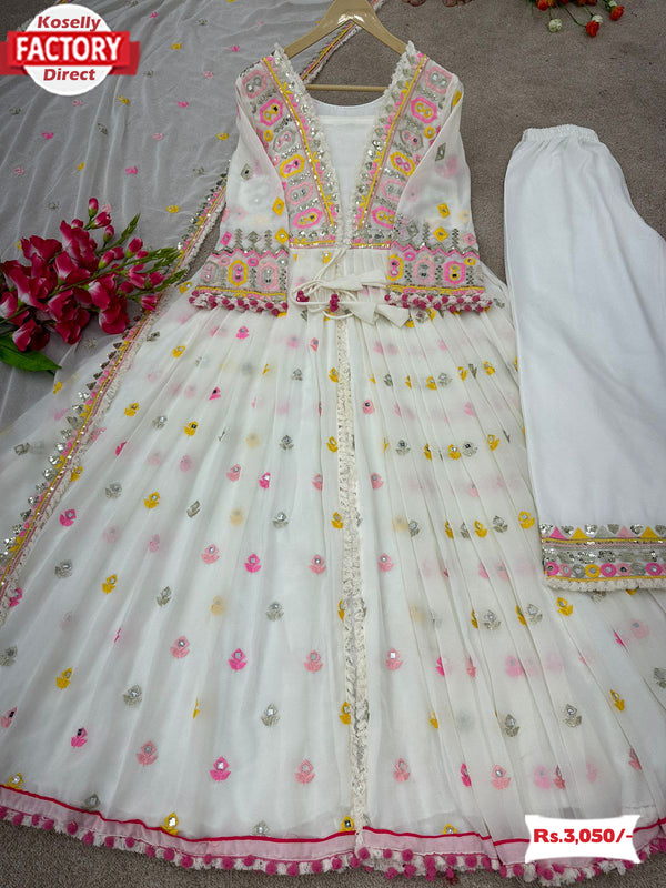 White Designer Partywear Kurthi Palazzo Dupatta Set