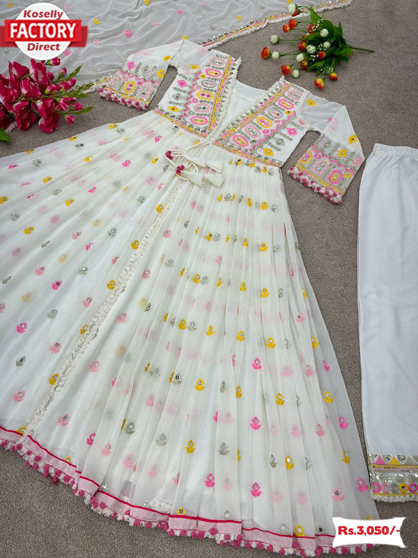 White Designer Partywear Kurthi Palazzo Dupatta Set