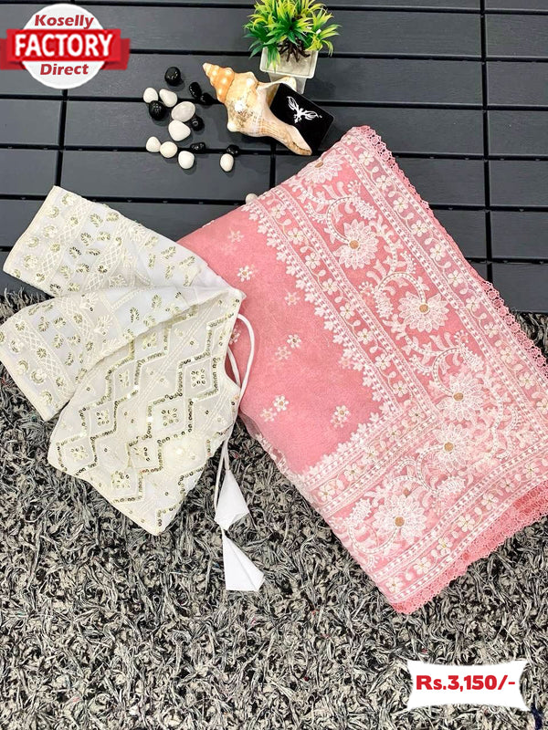 Pink Organza Chikankari Saree With Readymade Blouse