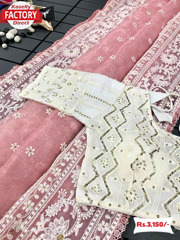 Pink Organza Chikankari Saree With Readymade Blouse