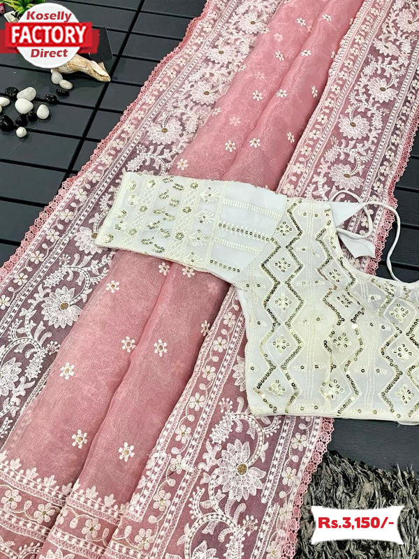 Pink Organza Chikankari Saree With Readymade Blouse