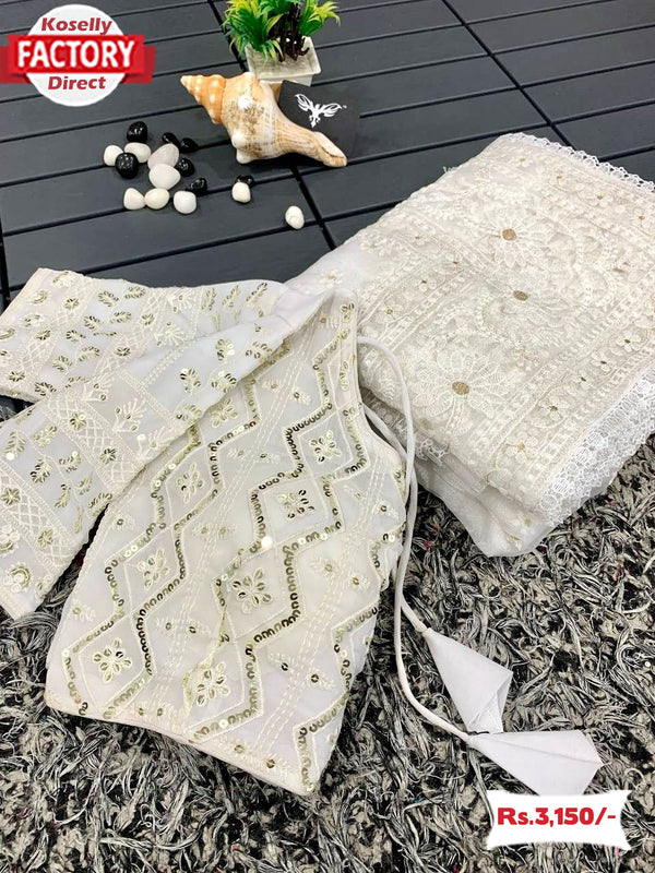 White Organza Chikankari Saree With Readymade Blouse