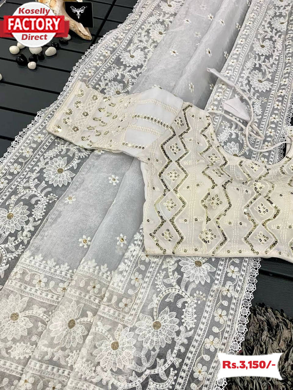 White Organza Chikankari Saree With Readymade Blouse