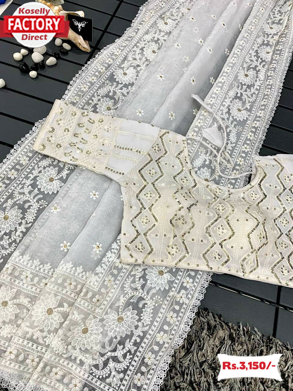 White Organza Chikankari Saree With Readymade Blouse