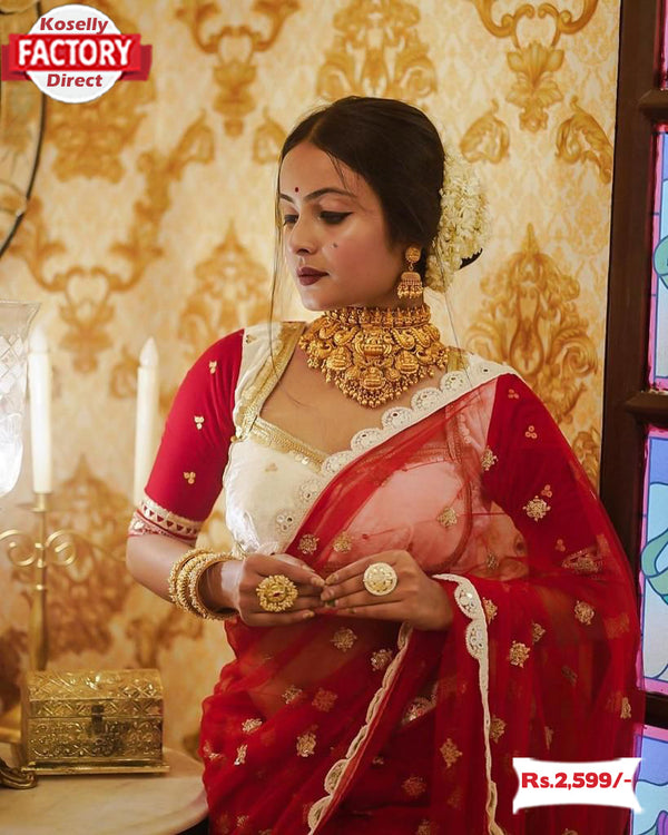 Red Pure Organza Embroidered Saree