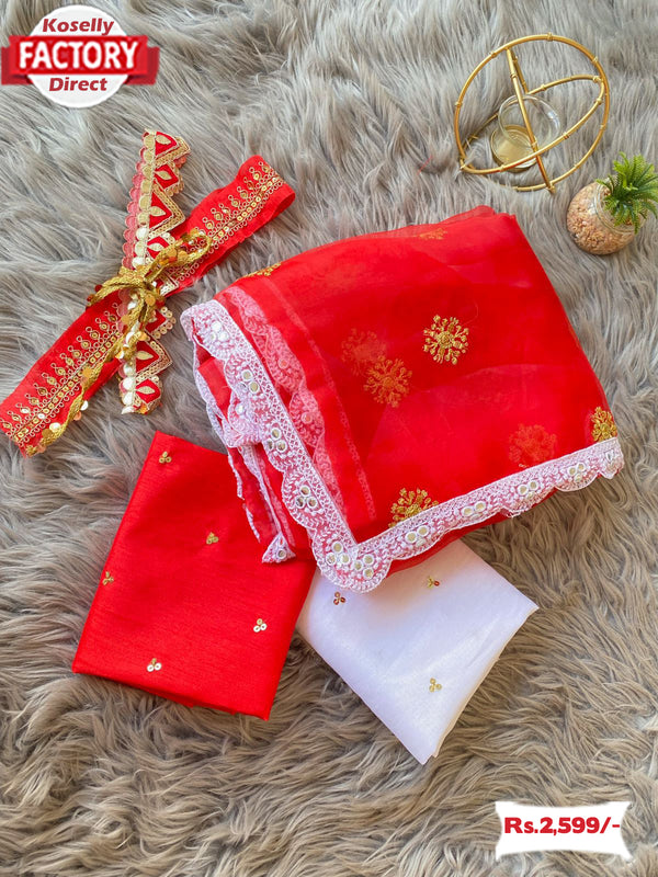 Red Pure Organza Embroidered Saree