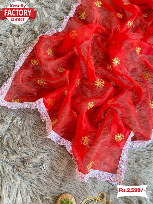 Red Pure Organza Embroidered Saree