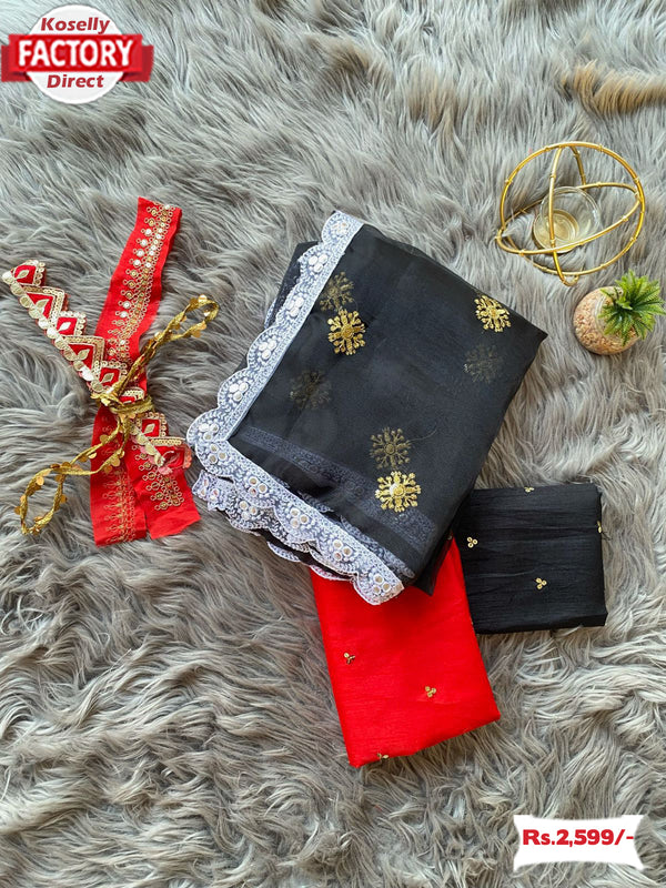 Black Pure Organza Embroidered Saree