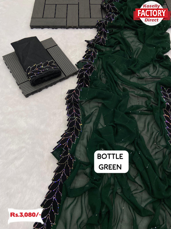 Bottle Green Georgette Velvet Border Partywear Saree