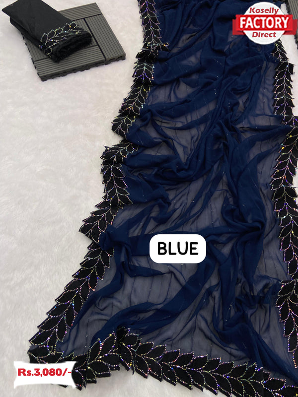 Blue Georgette Velvet Border Partywear Saree