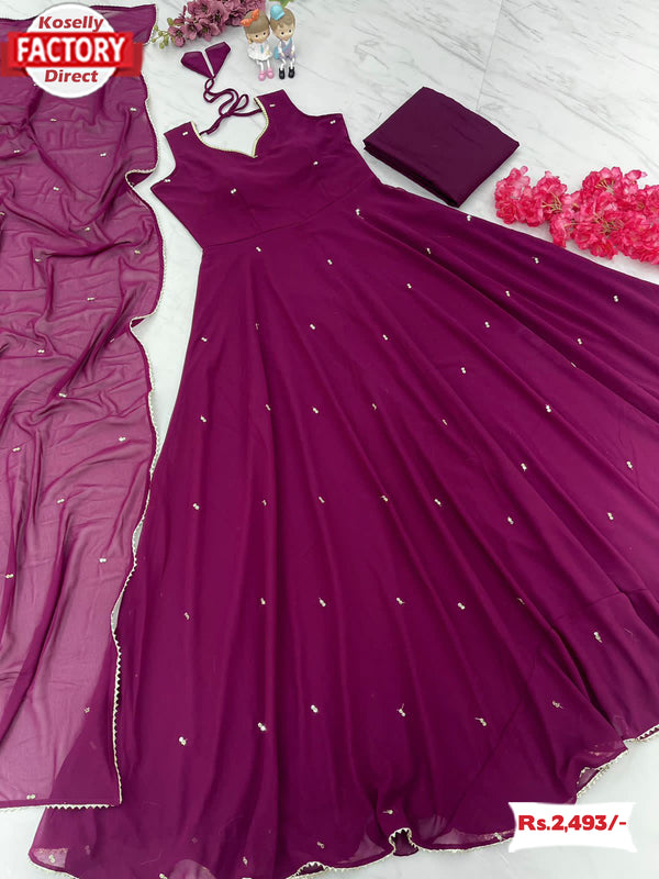 Wine Anarkali Gown Dupatta Set